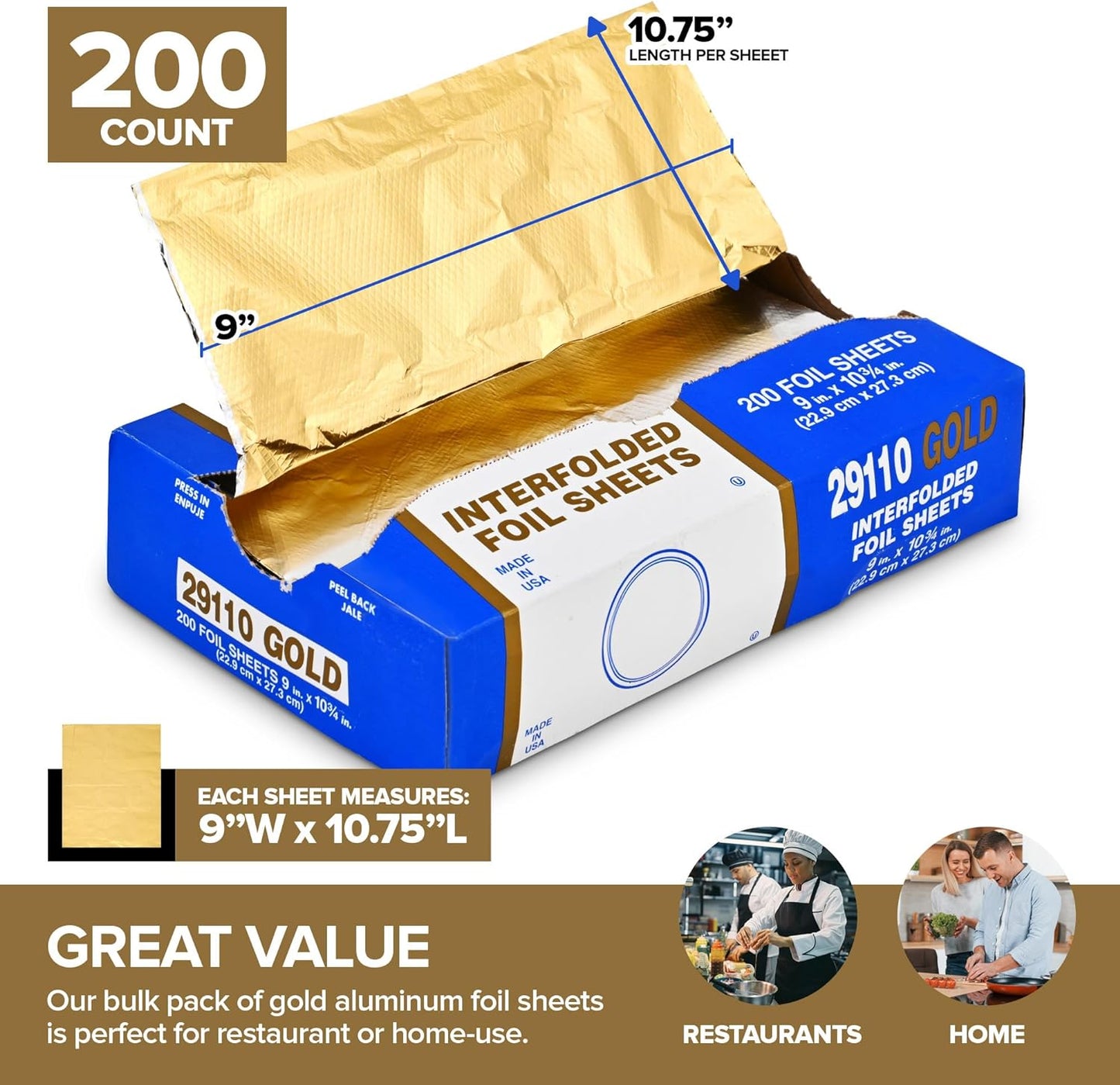 Gold Aluminum Foil Pop Up Sheets, 9 x 10.75 inch, 200 Sheets/Box