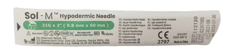 Sol-M Hypodermic Needle, 21G x 2", #112120 - 100/Box
