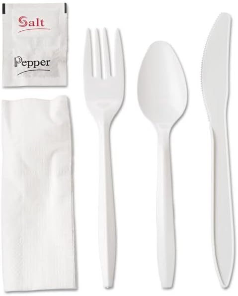 Cutlery Kit White Plastic 6 Pack (Knife, Spoon, Fork, Napkin, Salt, Pepper) - 500 / Case