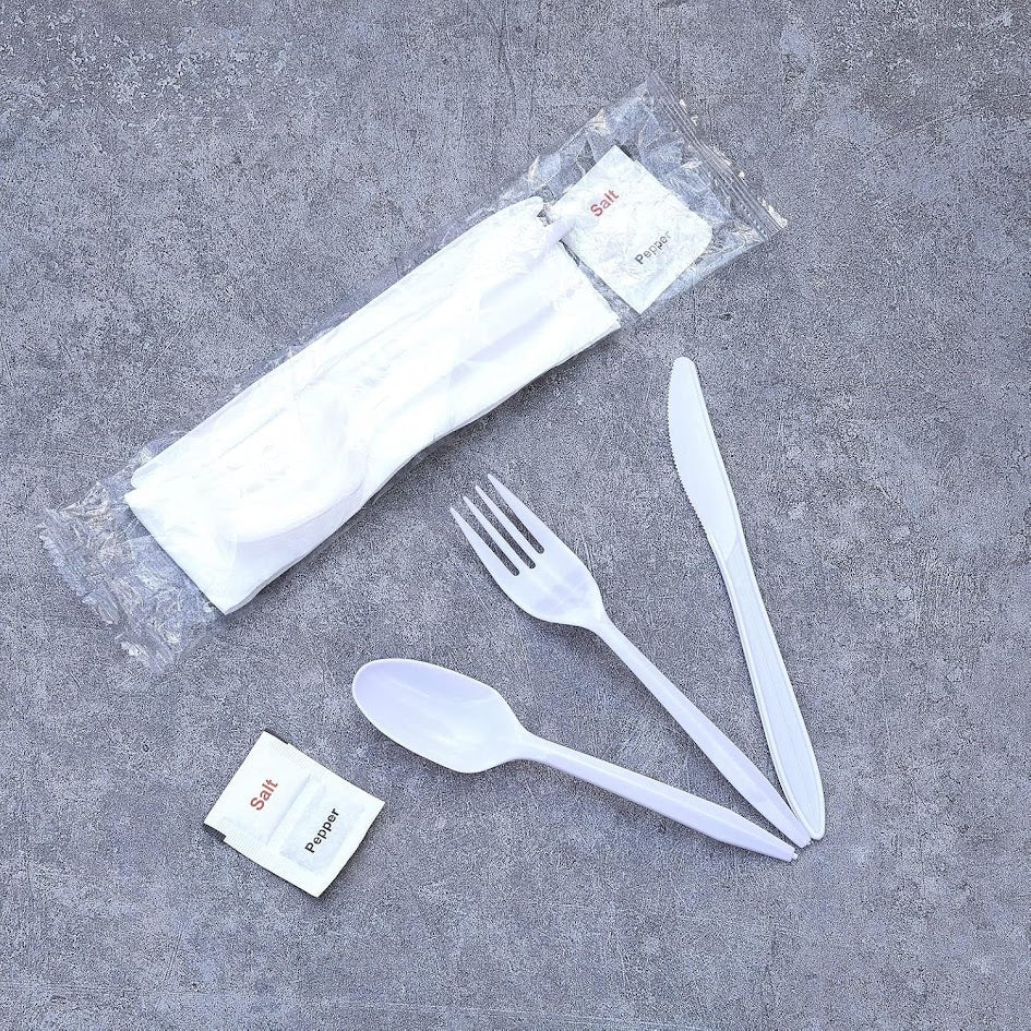 Cutlery Kit White Plastic 6 Pack (Knife, Spoon, Fork, Napkin, Salt, Pepper) - 500 / Case